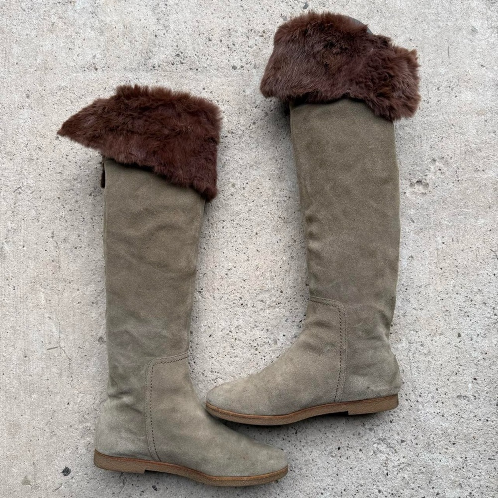 Sam Edelman Taupe Over-the-Knee Boots with Faux Fur Trim